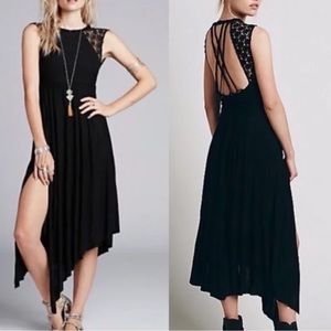 Free People Black Afternoon Delight Midi Asymmetrical Crochet Detail Dress